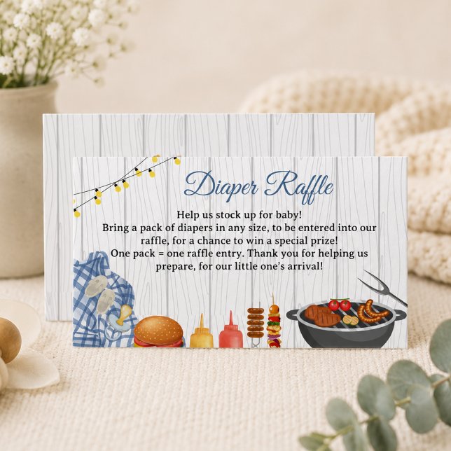 BBQ Baby Shower Diaper Raffle Enclosure Card (baby shower boy backyard bbq barbecue barbeque bun in the oven burgers on the grill)