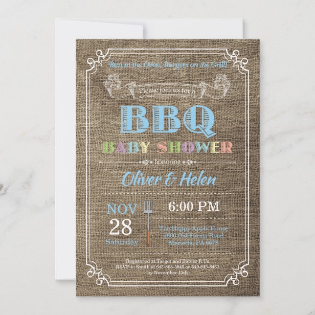 BBQ Baby Shower Invitation Burlap Blue (Front)