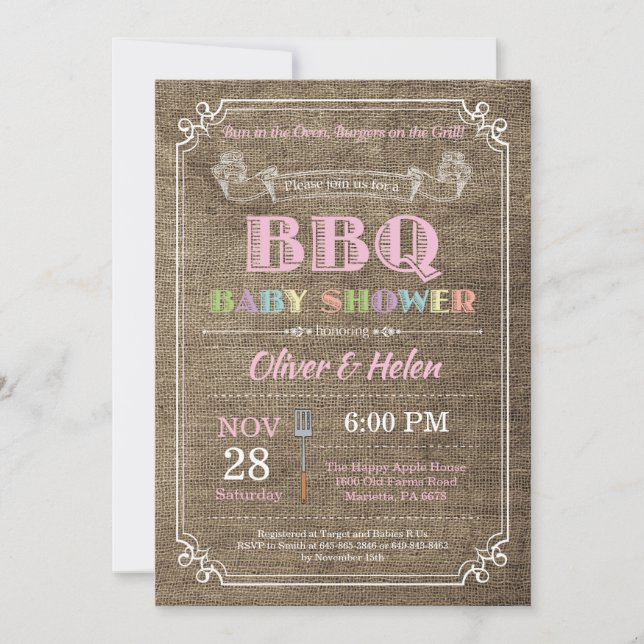 BBQ Baby Shower Invitation Burlap Pink (Front)