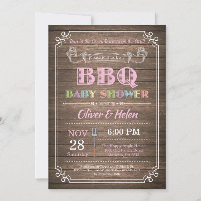 BBQ Baby Shower Invitation Rustic Wood Pink (Front)