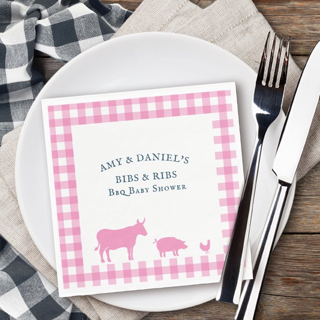 BBQ Baby Shower Ribs n Bibs Rustic Pink Napkin (Pink BBQ napkins from my rustic farmhouse BBQ collection )