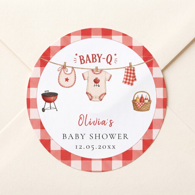 Bbq Baby Shower Rustic Red Gingham Classic Round Sticker (Bbq Baby Shower Rustic Red Gingham Classic Round Sticker)