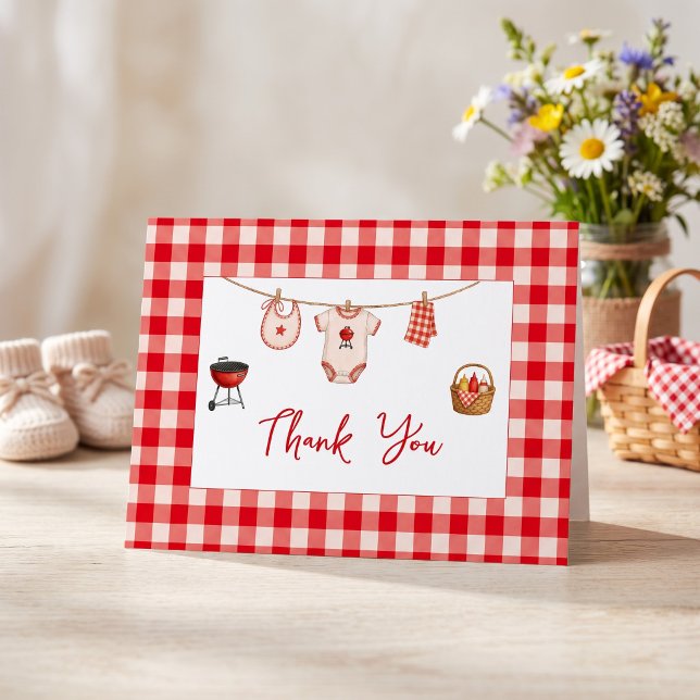 Bbq Baby Shower Rustic Red Gingham Thank You Card (Bbq Baby Shower Rustic Red Gingham Thank You Card)