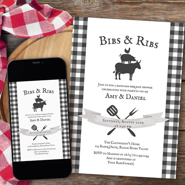 BBQ Baby Shower Rustic Vintage Grey Plaid Invitation (Bibs & Ribs backyard bbq baby shower invitation from my rustic farmhouse BBQ collection)