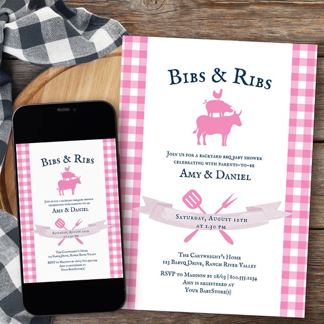BBQ Baby Shower Rustic Vintage Pink Plaid Invitation (Bibs & Ribs girls backyard bbq baby shower invite from my rustic farmhouse BBQ collection
)
