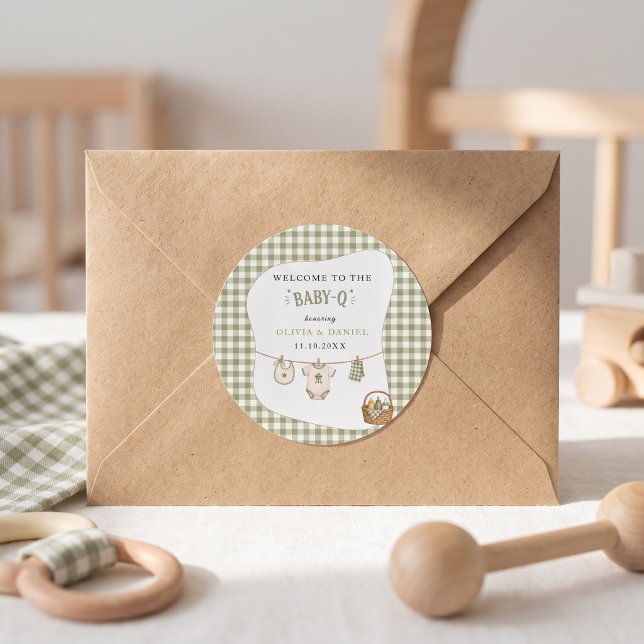 Bbq Baby Shower Sage Gingham Rustic Custom Classic Round Sticker (Bbq Baby Shower Sage Gingham Rustic Custom Classic Round Sticker)