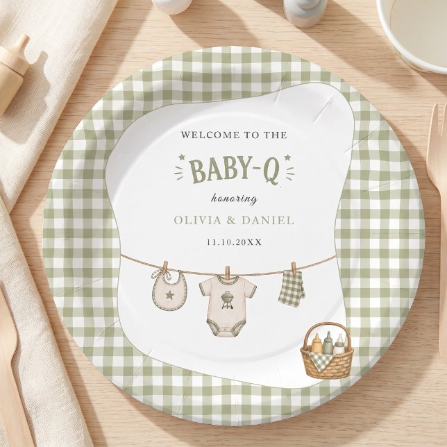 Bbq Baby Shower Sage Gingham Rustic Custom Paper Plate (Bbq Baby Shower Sage Gingham Rustic Custom Paper Plates)