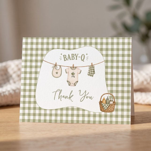 Bbq Baby Shower Sage Gingham Rustic Custom Thank You Card (Bbq Baby Shower Sage Gingham Rustic Custom Thank You Card)