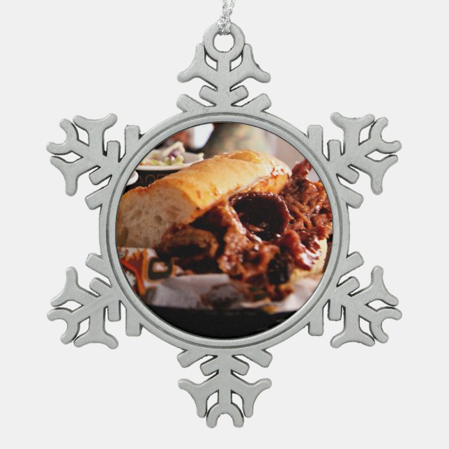 BBQ Beef Brisket Sandwich Snowflake Pewter Christmas Ornament (Front)