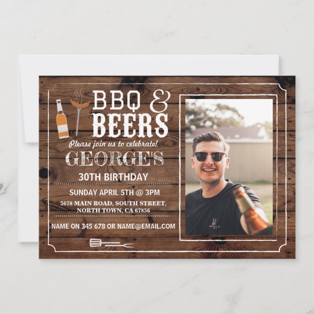 BBQ & Beer Birthday Party Photo Cheers Wood Invite (Front)
