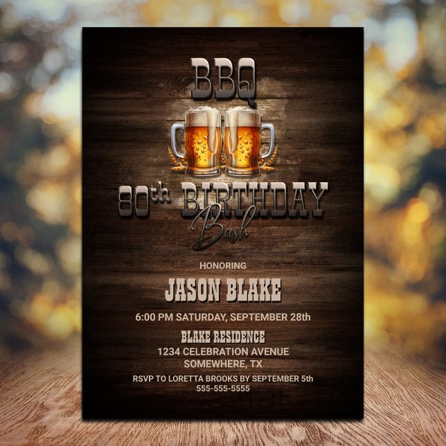 BBQ Beers Wood 80th Birthday Party Invitation (Creator Uploaded)