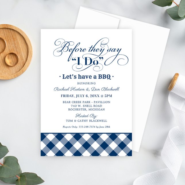 BBQ Before I Do Navy Gingham Rehearsal Dinner Invitation (Creator Uploaded)