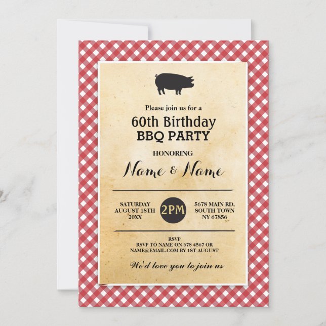BBQ Birthday Any Age Rustic Red Wood Invite (Front)