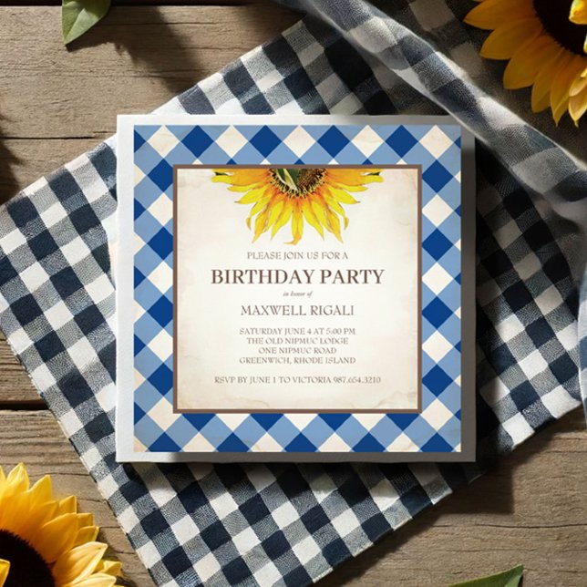 BBQ Birthday Blue Gingham Print Invitation (Get together birthday invitations with blue gingham print and sunflowers in a rustic design.)