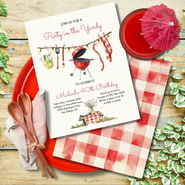 BBQ Birthday Gingham Backyard Picnic clothesline Invitation (Creator Uploaded)