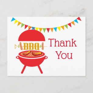 bbq birthday party, barbecue, bbq grill, thank you invitation postcard
