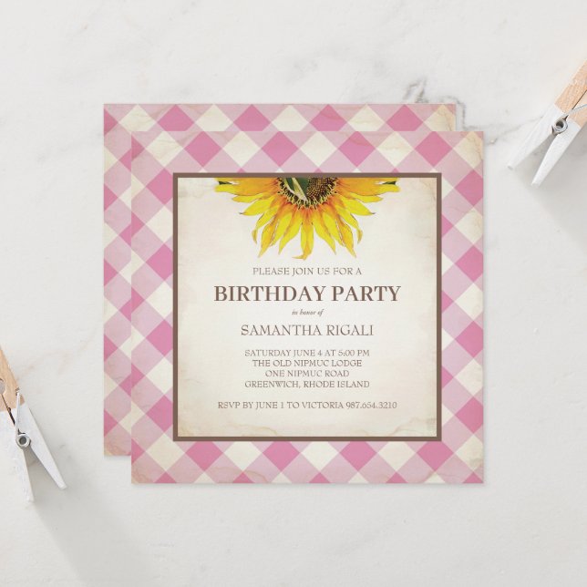 BBQ Birthday Pink Gingham Print Invitation (Front/Back In Situ)