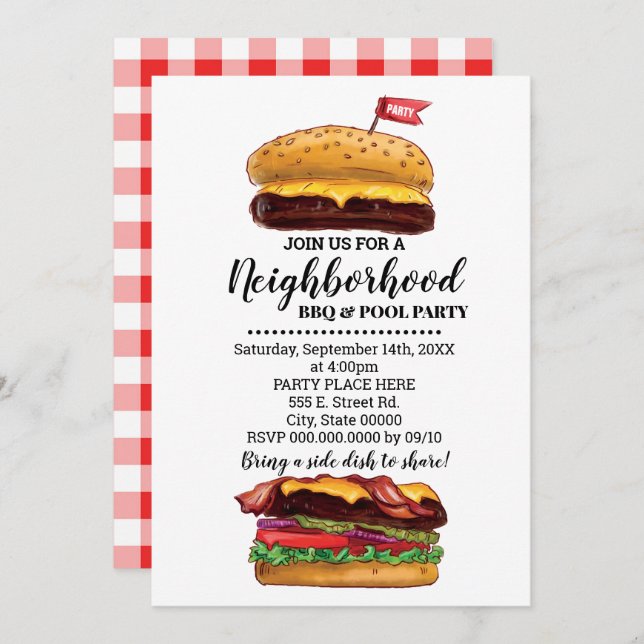 BBQ Block Party Hamburger Neighbourhood Summer Bas Invitation (Front/Back)