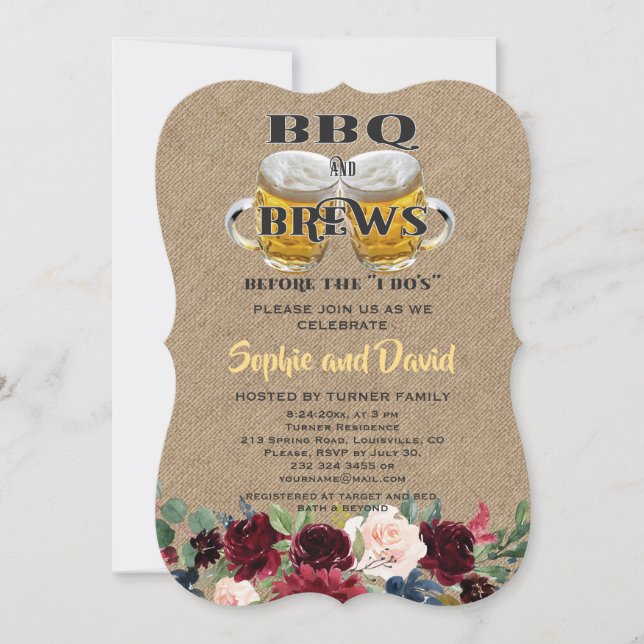 BBQ & BREWS before the "I DO'S" Floral Engagement Invitation (Front)