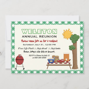 BBQ cookout family reunion, green gingham border Invitation