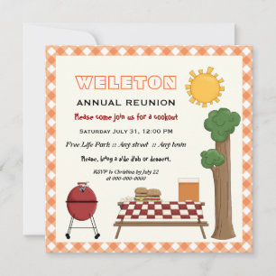 BBQ cookout family reunion, orange gingham border Invitation