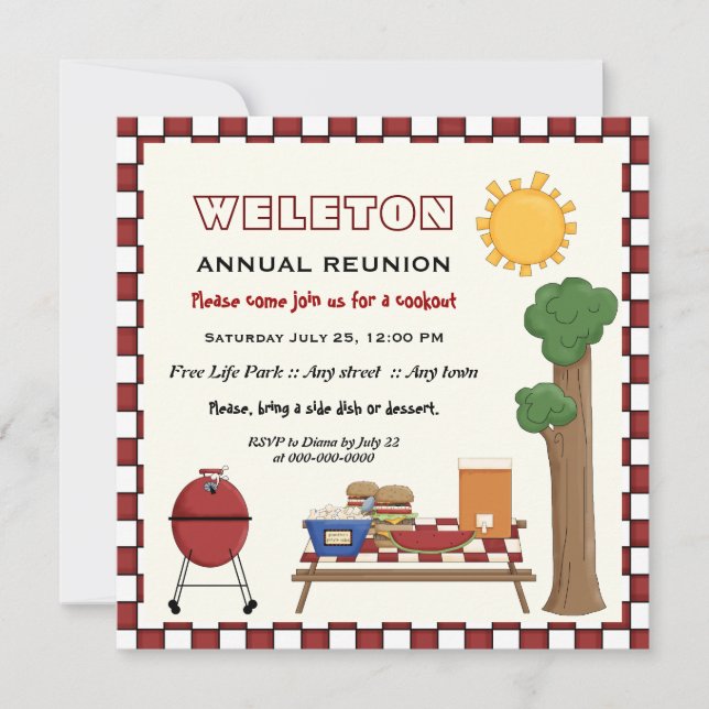 BBQ cookout picnic family reunion chequered border Invitation (Front)