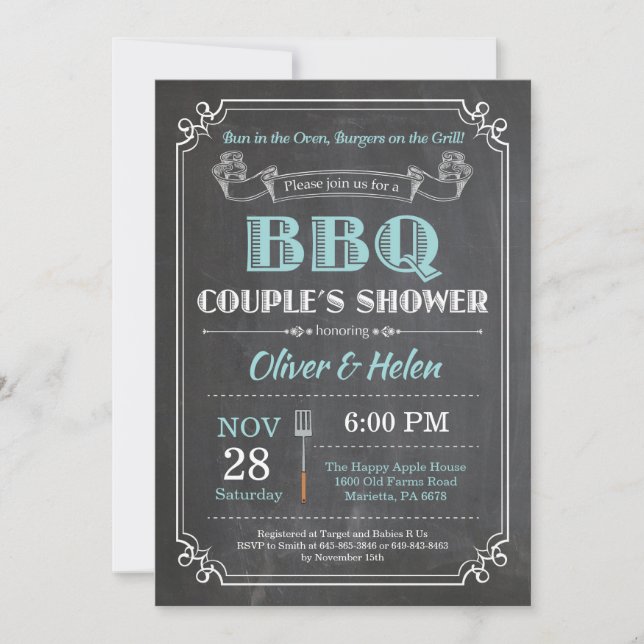 BBQ Couples Shower Invitation Chalkboard Aqua (Front)