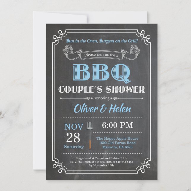 BBQ Couples Shower Invitation Chalkboard Blue (Front)