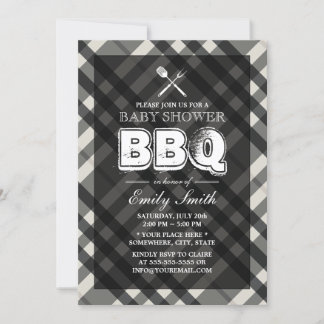 BBQ Elegant Grey Plaid Baby Shower Invitation