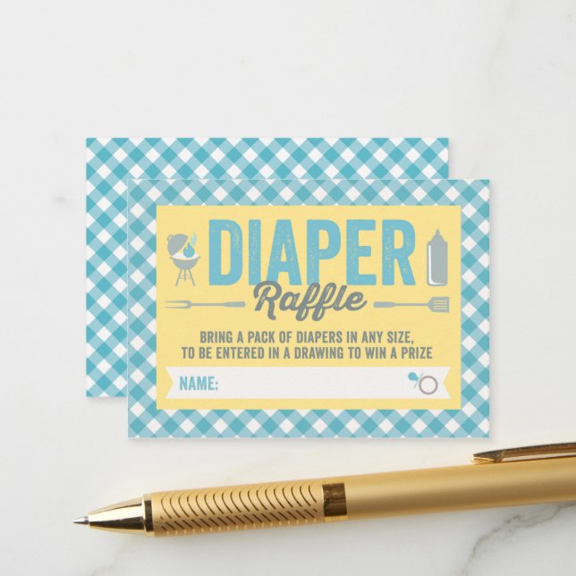 BBQ Icons Blue Checks Diaper Raffle Ticket Card (Front/Back In Situ)