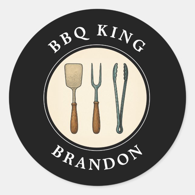 BBQ King Grilling Tools Emblem Dad Name Classic Round Sticker (Front)