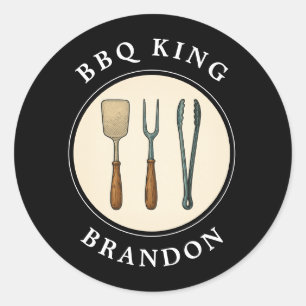 BBQ King Grilling Tools Emblem Dad Name Classic Round Sticker