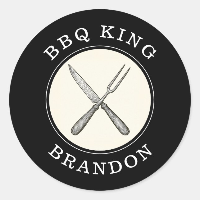 BBQ King Knife & Fork Grill Dad Name Classic Round Sticker (Front)