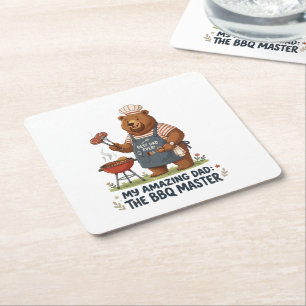 BBQ Master Bear Dad Design Square Paper Coaster