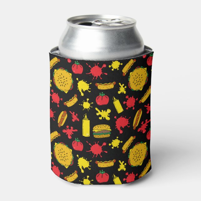 BBQ Party Burgers Hot Dogs Mustard Splats Pattern Can Cooler (Can Front)