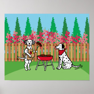 BBQ Party Dalmatians Hollyhock Flowers Cartoon Poster