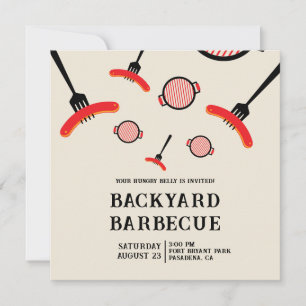 BBQ Party Flat Card with Grill & Fork Art