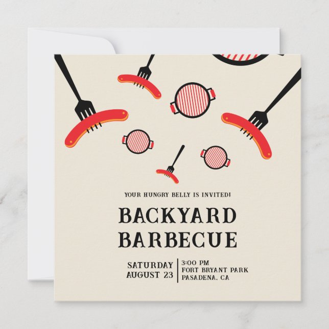 BBQ Party Flat Card with Grill & Fork Art (Front)