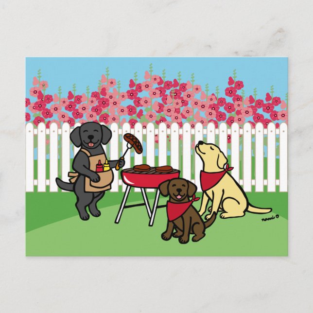 BBQ Party Labradors Hollyhock Flowers Postcard (Front)