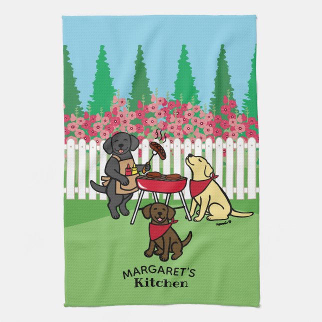 BBQ Party Labradors Hollyhock Tea Towel (Vertical)