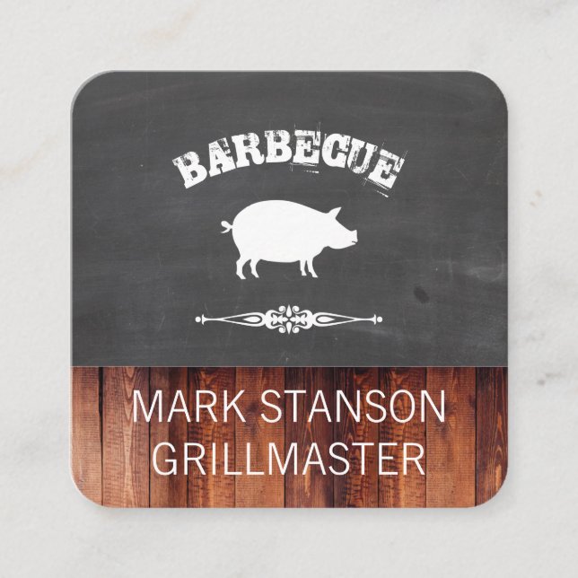 BBQ / Pig / Chalk / Wood Square Business Card (Front)
