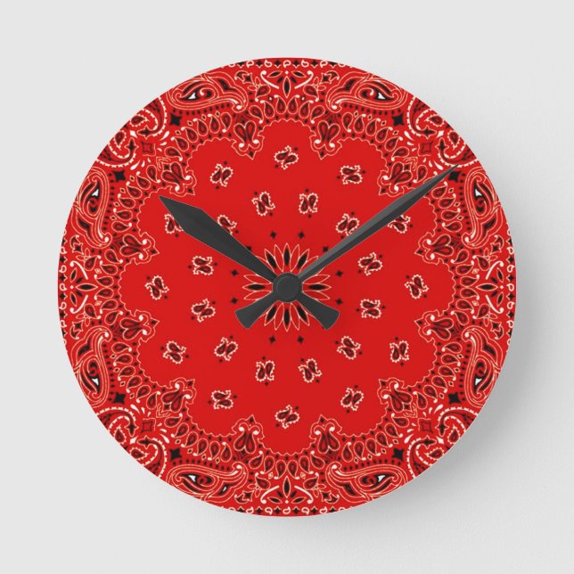 BBQ Red Paisley Western Bandanna Scarf Print Round Clock (Front)