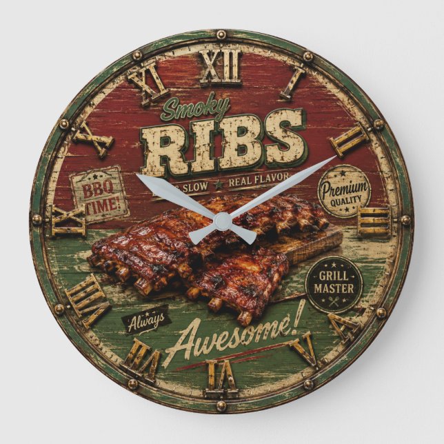 BBQ Ribs Smokehouse Barbecue  Grill Master Gift Large Clock (Front)