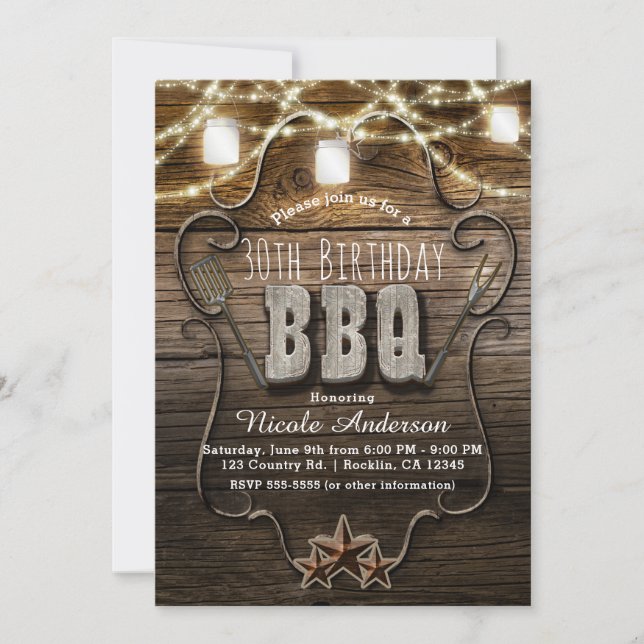 BBQ Rustic Wood Mason Jars Lights Birthday Party Invitation (Front)