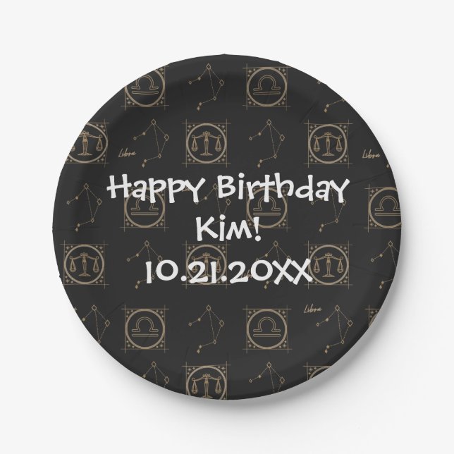 Bday Black & Gold Zodiac Libra Astrology Star Sign Paper Plate (Front)