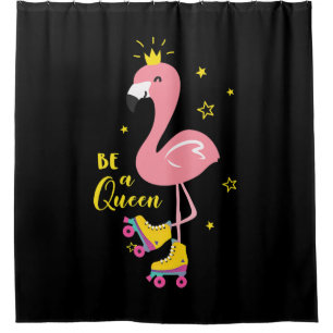 Be A Queen Pink Flamingo Skate Roller Women Girls Shower Curtain