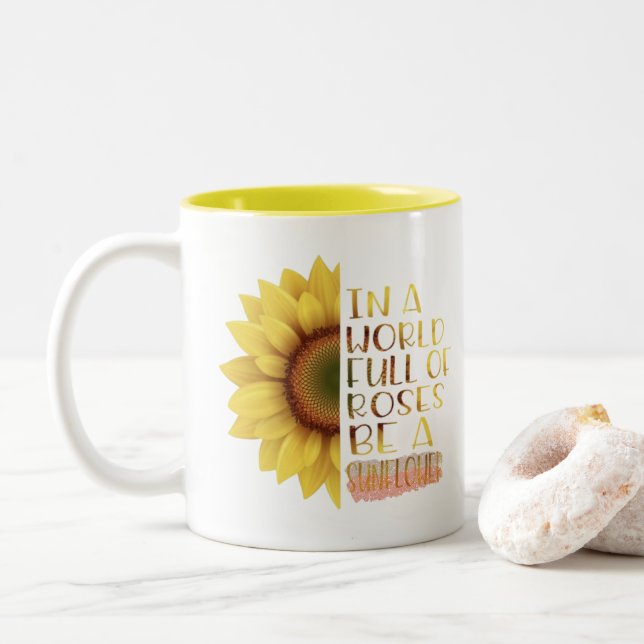 Be a Sunflower Quote Two-Tone Coffee Mug (With Donut)