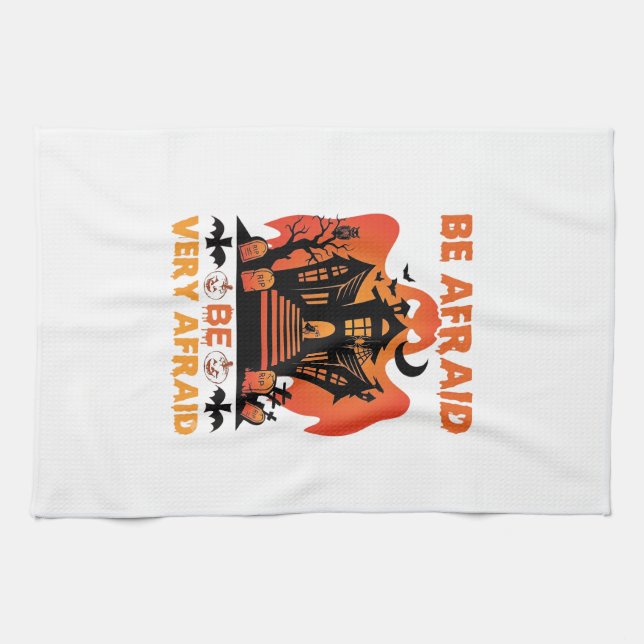 Be Afraid Very Halloween Haunted House Pumpkins_1 Tea Towel (Horizontal)