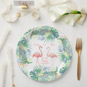 Be all Happy Forever! Fairy Tale Two Pink Flamingo Paper Plate
