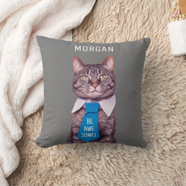 BE AWESOME! Cat Blue Tie Your Message & Name Grey Cushion (Blanket)
